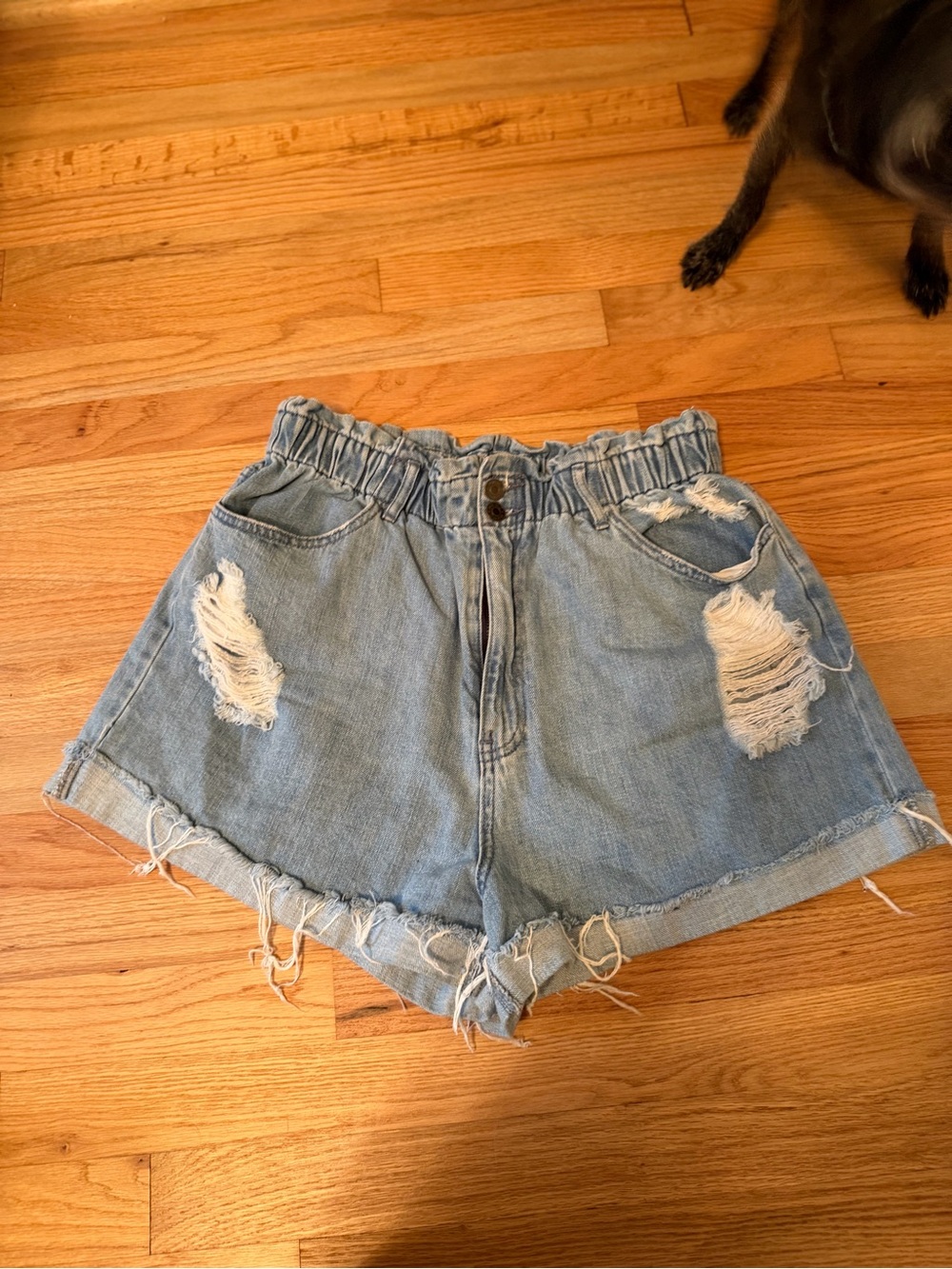 Show Me Your MuMu Light Blue Paperbag Waist Distressed Denim Shorts